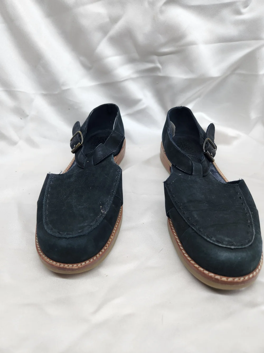 Eddie Bauer Black Suede Buckle Loafers with Tan Sole